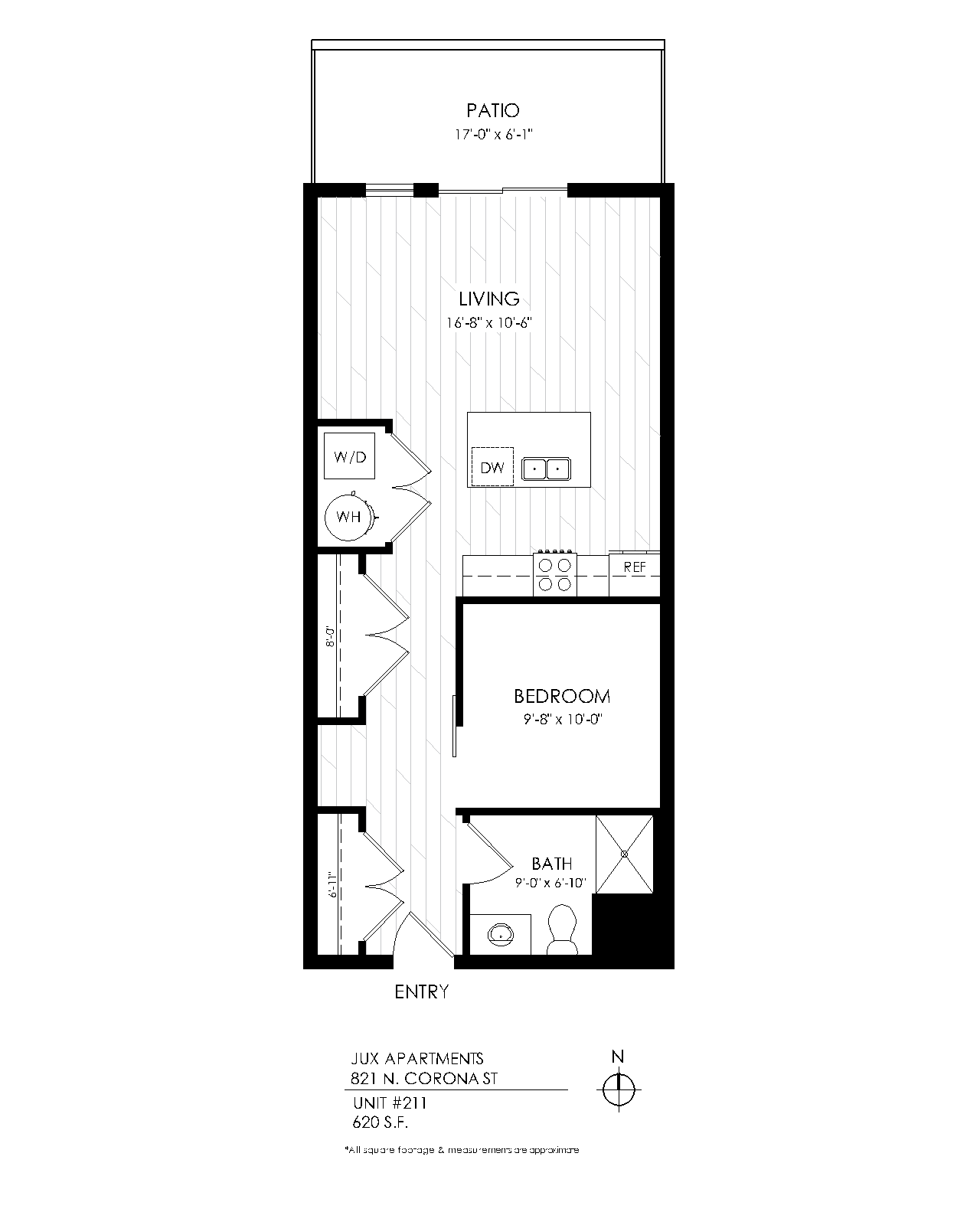 Floor plan for 1 bed, 1 bath, 620 sqft